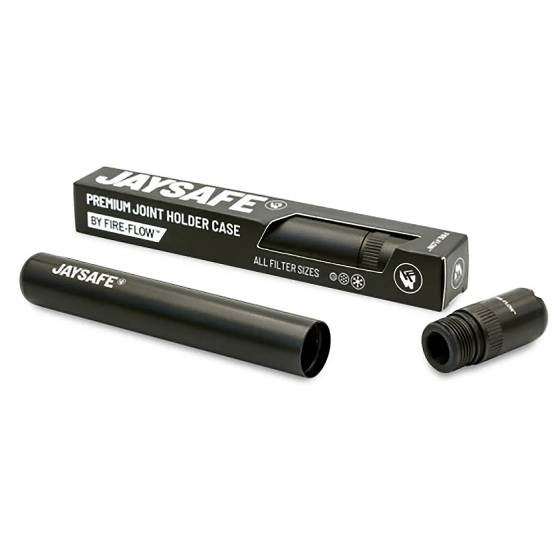 En sort jointtube med en længde på 110 mm præsenterer sig med en glat, mat overflade. Tuben har en cylindrisk form og en diskret, afrundet ende. Der er en lille, hvid tekst på siden, der angiver produktets navn. Den enkle og minimalistiske design gør den let at opbevare og transportere.