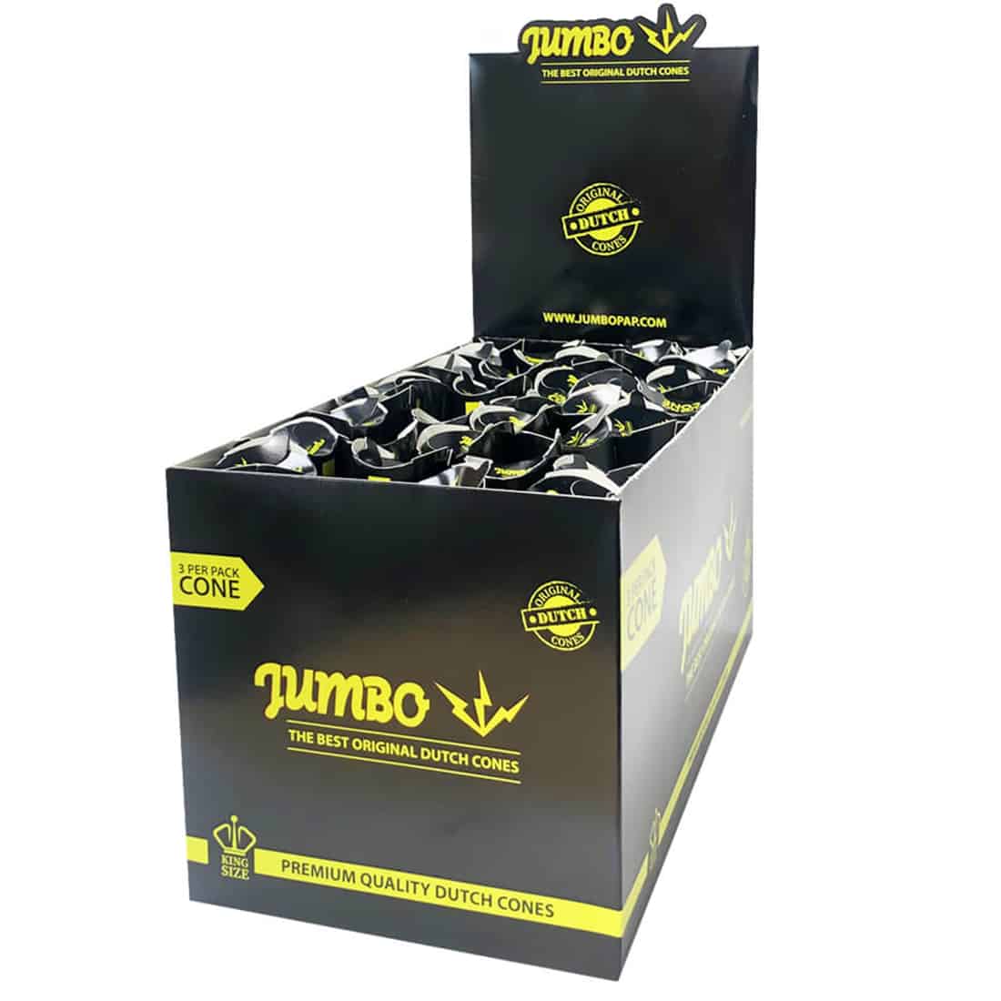 Tre store, sorte isvafler i en klassisk kegleform er præsenteret. Hver vaffel har en glat overflade og en let skinnende tekstur, der fremhæver dybden i den mørke farve. Keglerne står oprejst på en simpel, lys overflade, hvilket skaber en kontrast til det sorte. Ingen yderligere dekorationer eller mønstre er synlige på vaflerne.