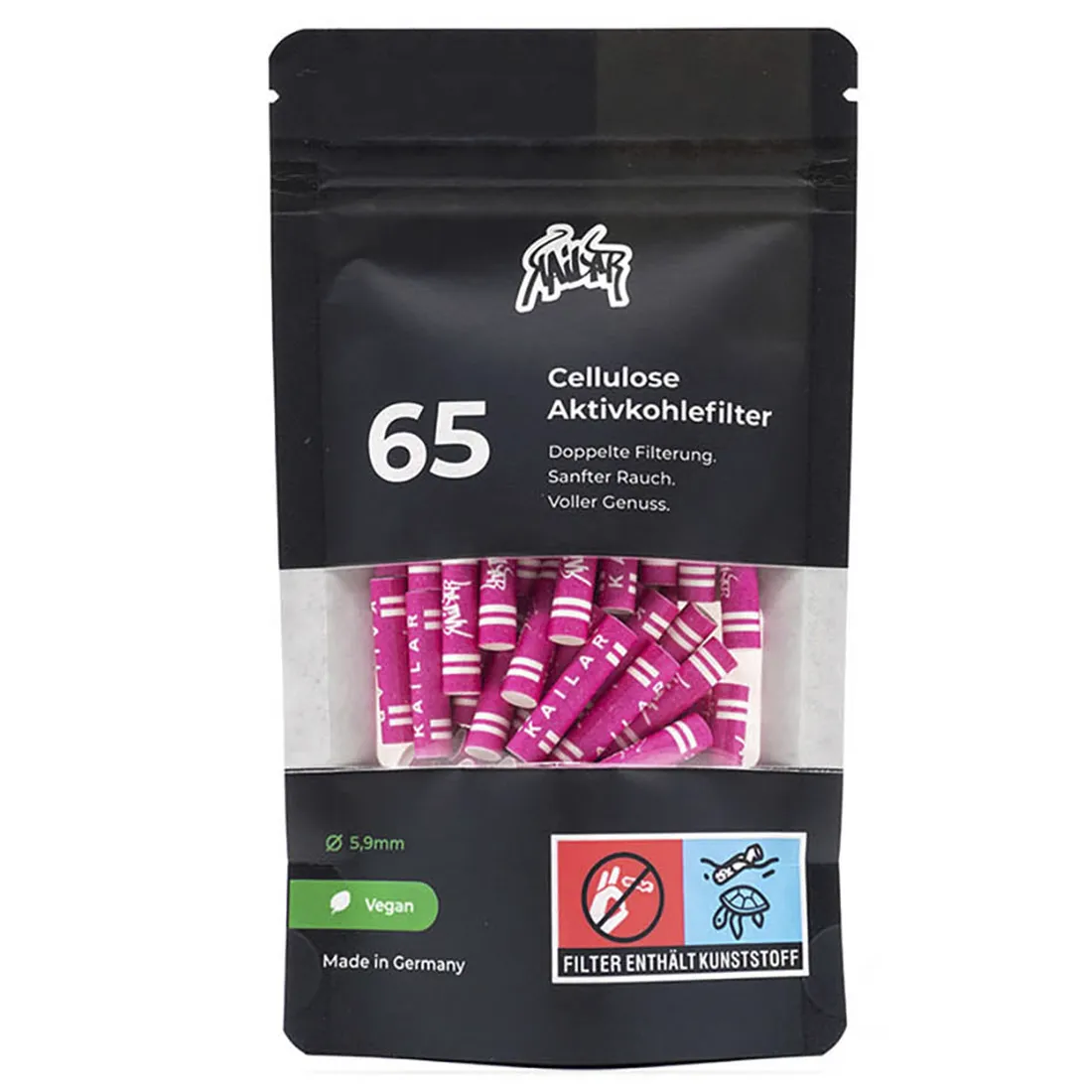 En aktivt filter i en dyb pink farve, måler 5-9 mm i diameter. Filteret har en glat overflade med en let skinnende finish, der reflekterer lys. Kanten er afrundet, hvilket giver et blødt udseende. Der er ingen synlige knapper eller symboler, og det fremstår som en enkelt, ensartet enhed uden mønstre eller teksturer.