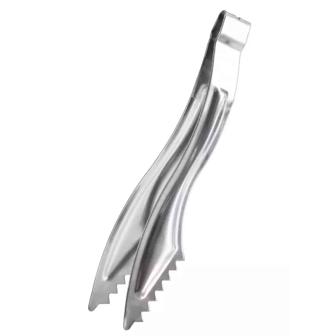 Kaya kul tang i rustfrit stål præsenterer en glat, skinnende overflade med en sølvfarvet finish. Tangen har en længde på 16 cm og er udstyret med to buede greb, der ender i spidse, flade tanger. Grebene har en let struktureret tekstur for bedre greb, mens den samlede form er strømlinet og funktionel.