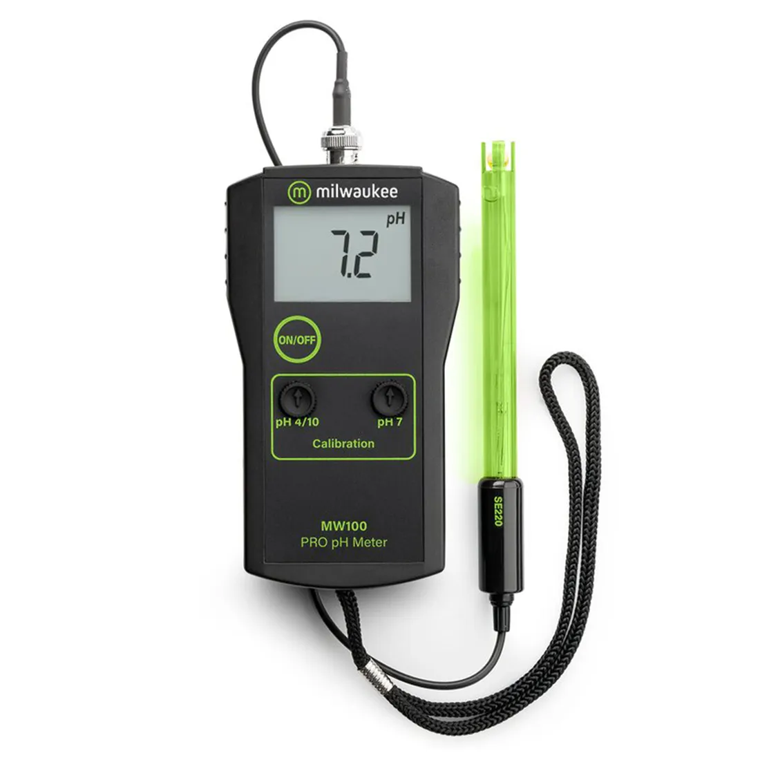 pH-meteret har en slank, cylindrisk form med en sort plastikhylster og en klar skærm. Den digitale skærm viser tal og symboler i grønne og røde nuancer. Sensoren er i metal med en glaslignende spids. Knapperne er placeret på siden, og en kalibreringsskruen er synlig. En hængende øsken er til stede for nem opbevaring.