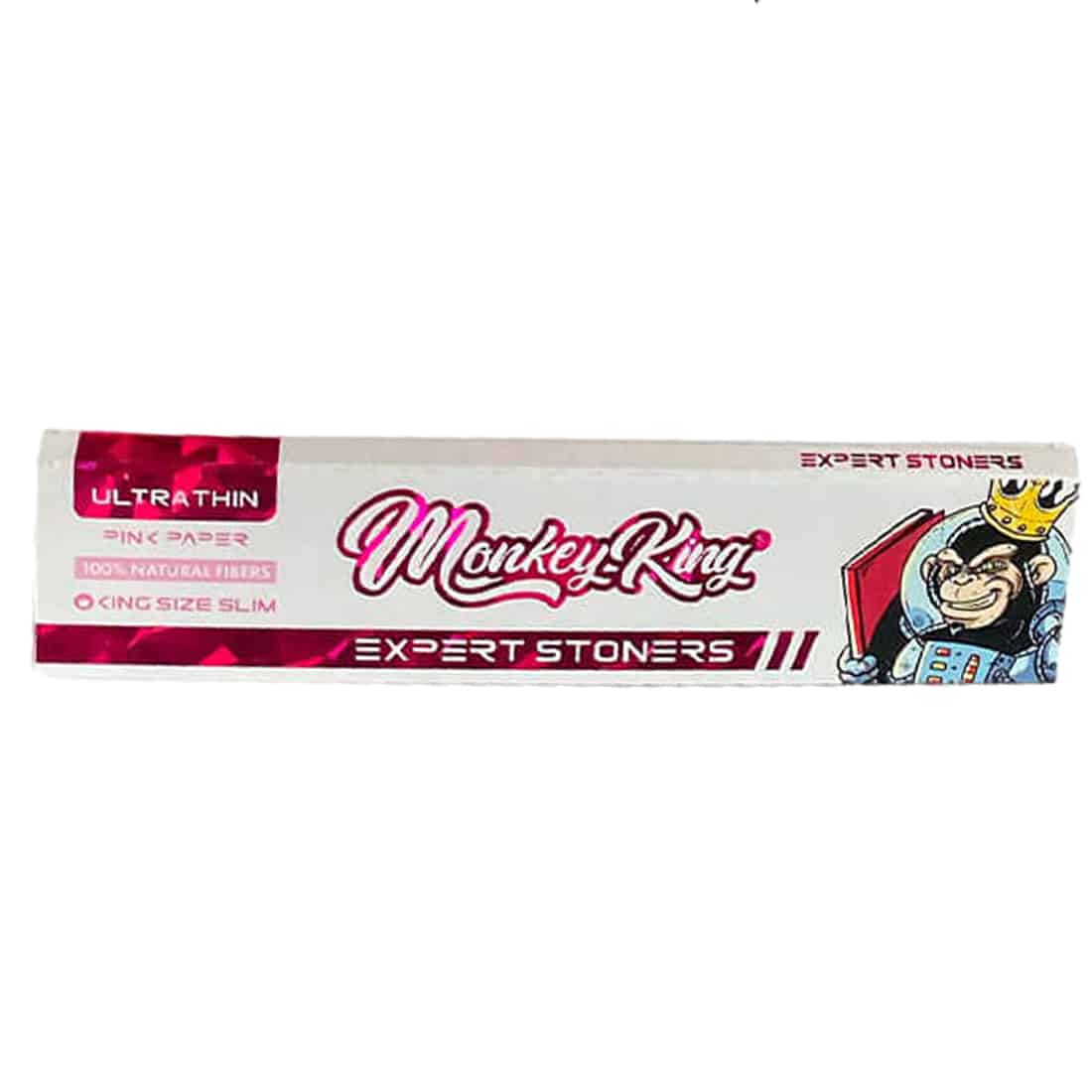 Billede af "Monkey King - Expert Stoners Pink Ultra Thin King Size Slim" rullepapir med en tegneserie-abe og krone på pakken, perfekt til cannabisforbrugere der ønsker en længere og glattere rygeoplevelse.