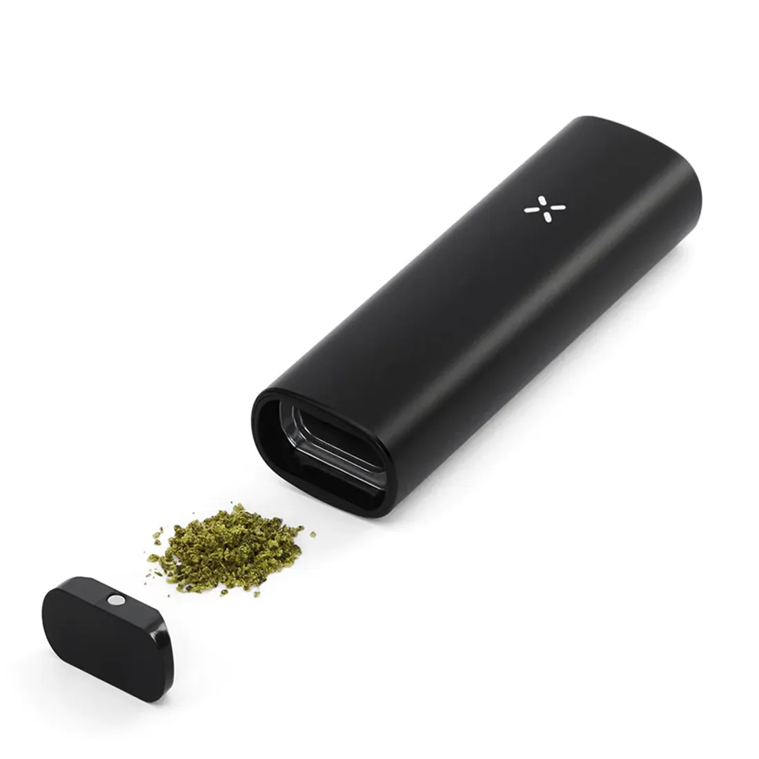 PAX Plus Onyx vaporizer præsenterer en slank, sort krop i mat finish, med bløde konturer og en elegant, minimalistisk form. Den har en glat overflade uden synlige knapper, men et diskret LED-lys indikerer funktioner. På toppen ses en aflang, oval åbning til damp, mens bunden har et friskt design med ventilationsåbninger.