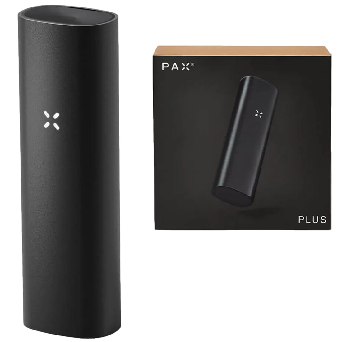 En kompakt vaporizer i sort plast med glatte overflader. Den har en buet form og en let afrundet top. På fronten er der en digital skærm og tre knapper til temperaturindstilling. En lille, gennemsigtig skuffe til herb er placeret nederst. Det samlede design virker minimalistisk og funktionelt med diskrete detaljer.