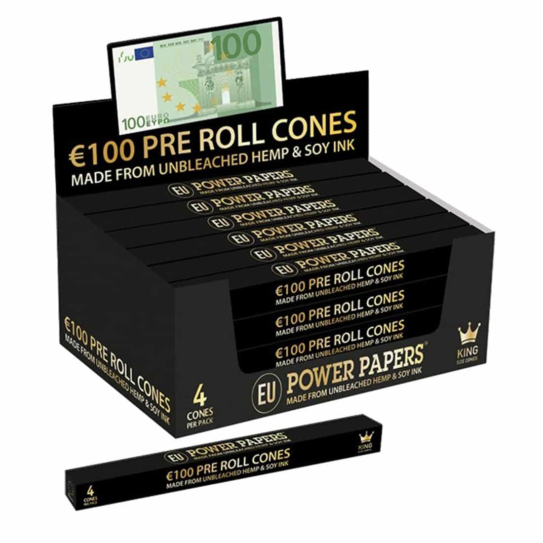 Fire koniske papirprodukter i en lysebrun farve præsenteres i en pakke. Hver cone har en glat overflade og er forsynet med en grøn 100 euro-seddel designet med detaljerede mønstre og symboler. Den gennemsigtige emballage viser konerne tydeligt. Størrelsen og formen på konerne er ensartet, og de er arrangeret i en lige linje.