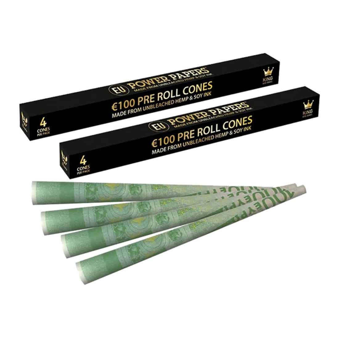 Fire koniske papirrør i king-size format præsenteres i en samlet pakke. Hver cone har en let gennemsigtig, gylden farve og er dekoreret med et mønster, der imiterer en 100 euro seddel. Materialet ser glat ud, og kanterne er skarpe. Rørene er placeret lige ved siden af hinanden, og de fremstår ensartede i størrelse og form.