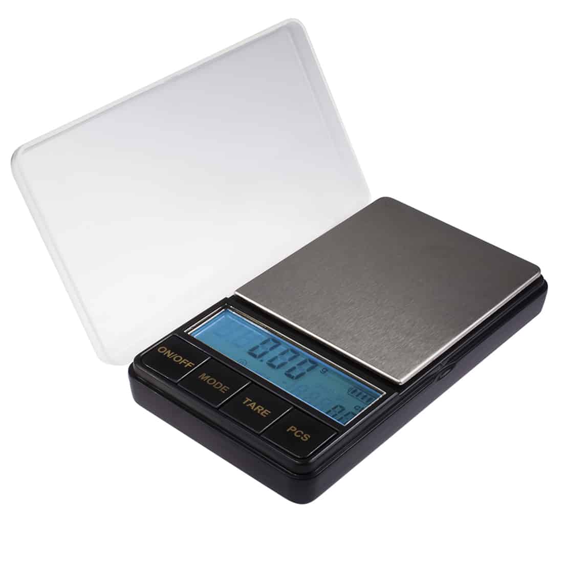 En digital køkkenvægt i en slank, moderne design. Vægten har en flad, rektangulær form med en glat, sort overflade og en stor, tydelig display med hvid tekst. Der er en rund, metalknap placeret centralt, samt en skala, der viser måleenheder i gram og ounces. Vægten har en minimal, elegant æstetik.