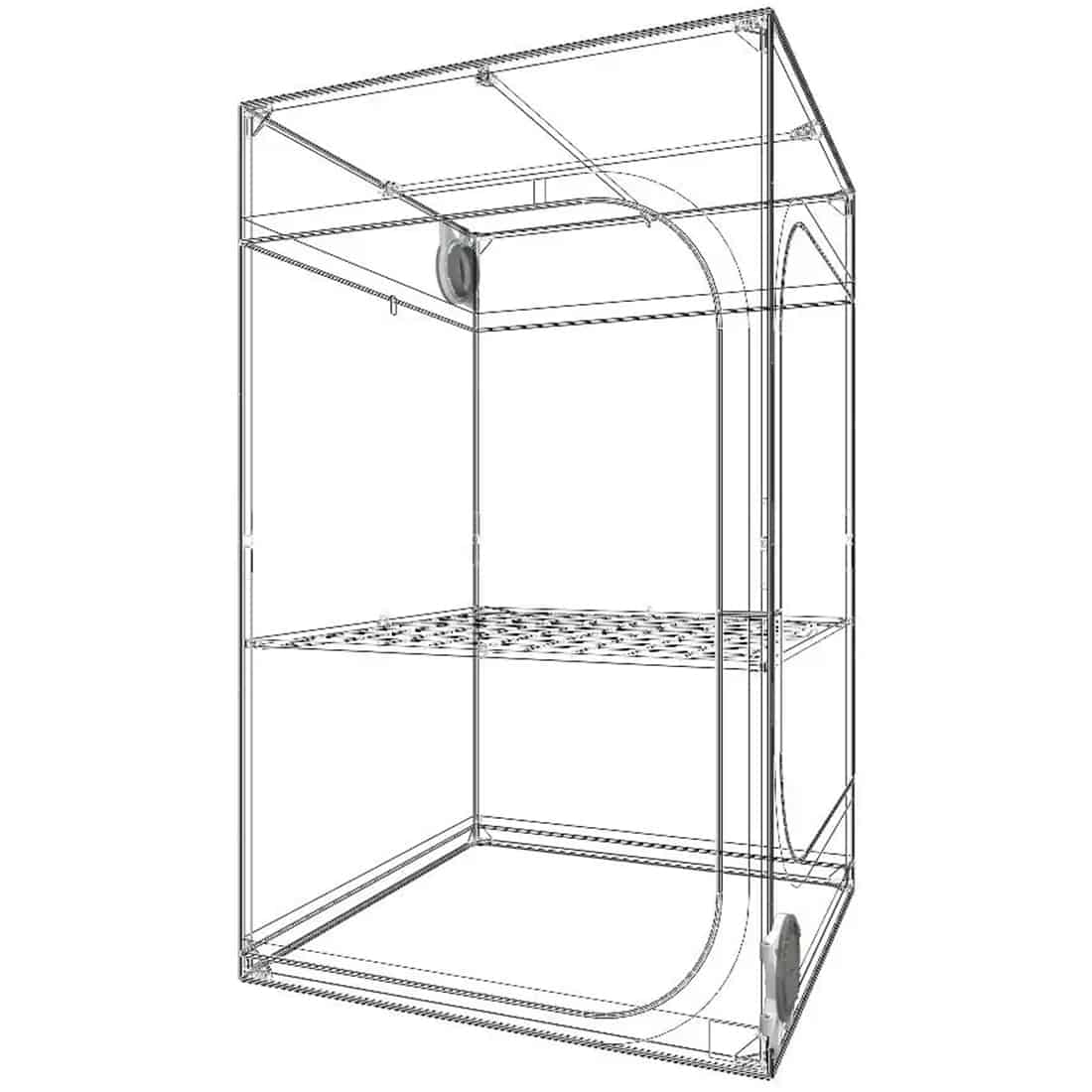 En mørk, firkantet væksttunnel har en struktur af sort plast, der præcist dækker den rektangulære form. Overfladen er glat med en let glans, og den er udstyret med en lynlås foran, der giver adgang til indersiden. Tunnelen står på en græsplæne, omgivet af en simpel, naturlig baggrund med grønne nuancer.