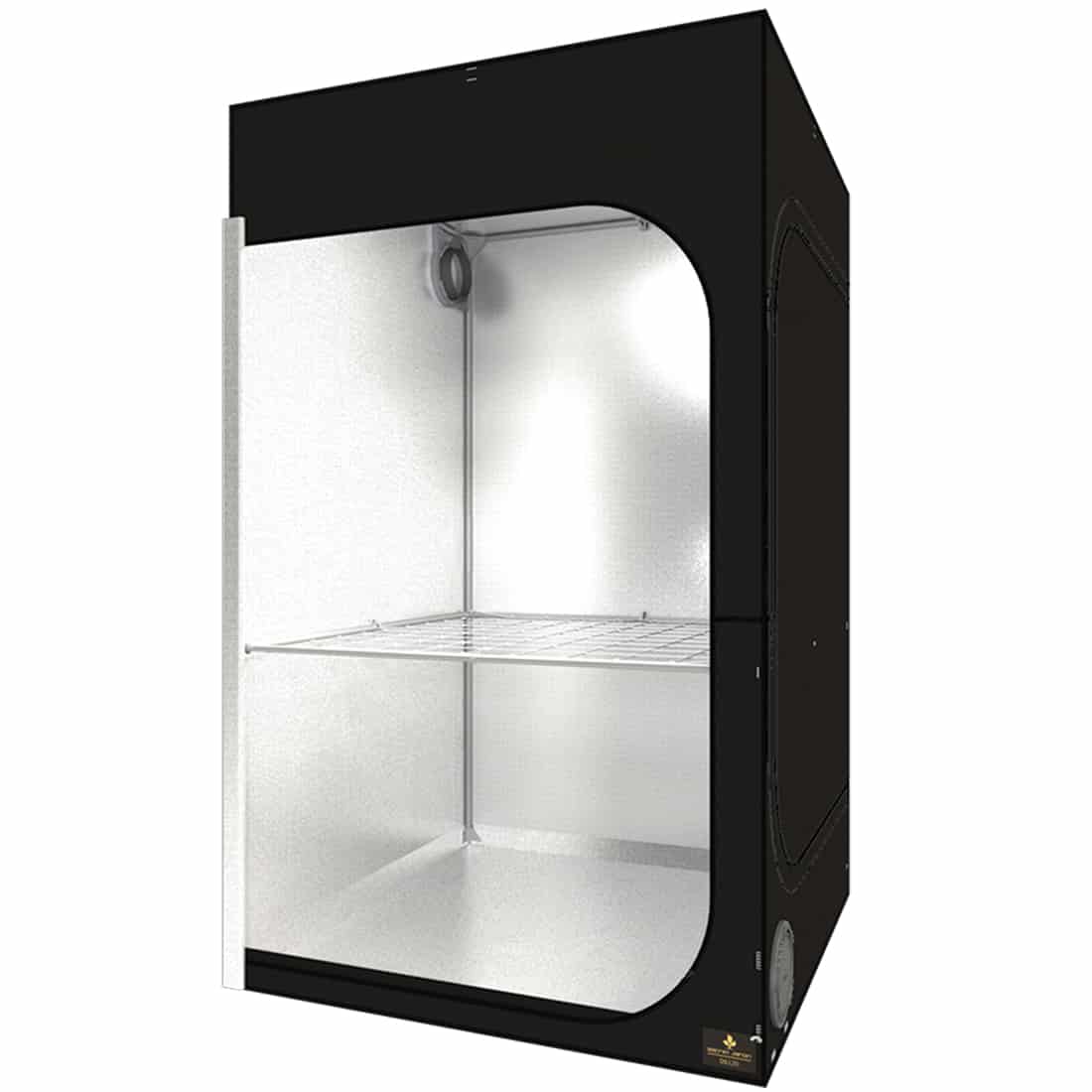 En mørk, rektangulær plantekasse i mat sort med en glat overflade og afrundede hjørner. Kassen har en diskret, indbygget drænhul i bunden. På toppen ses en tæt vækst af grønne planter, der skaber et frodigt udtryk. Baggrunden er uklar og neutral, hvilket fremhæver kassen og planternes farver.