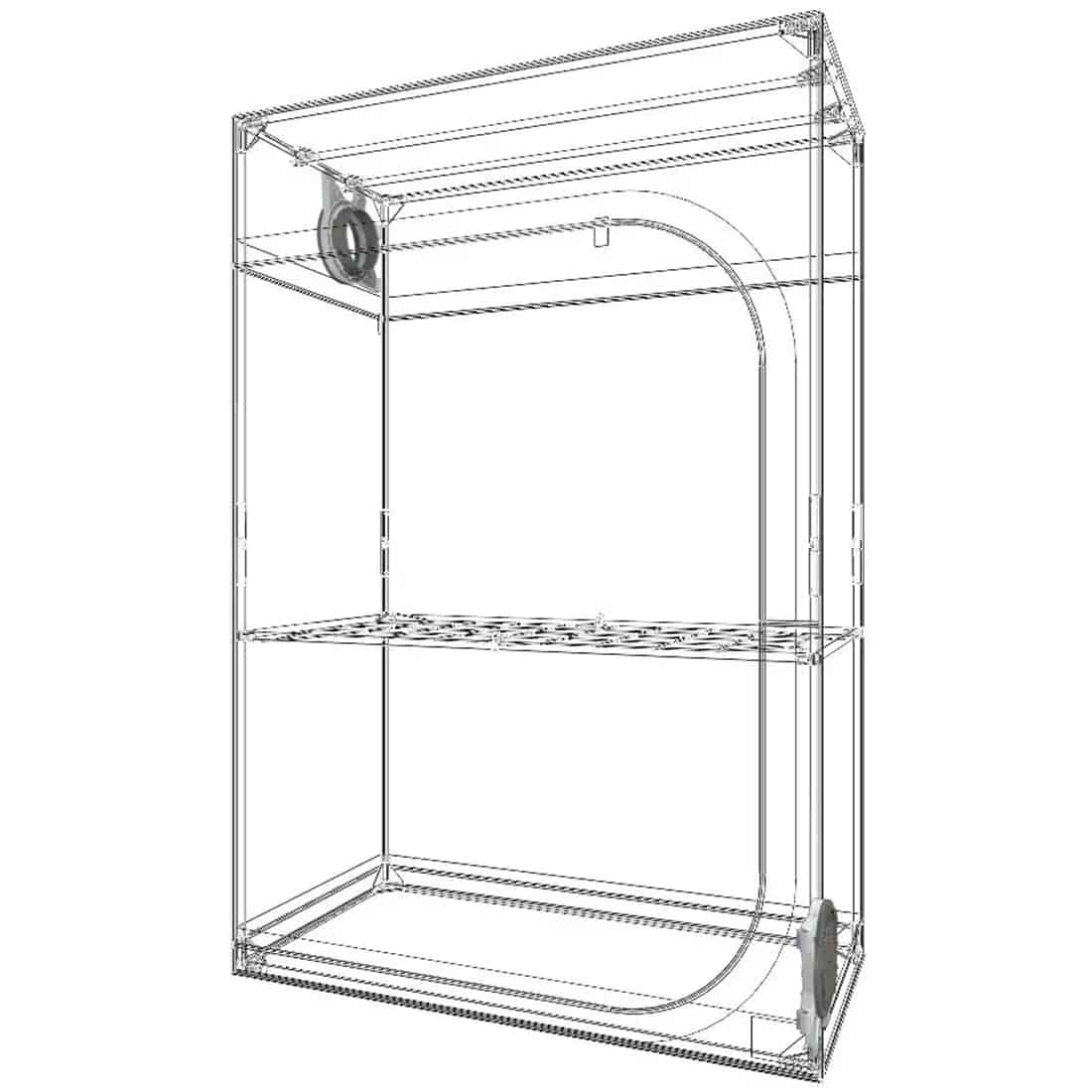 En rektangulær, sort væksttunnel med en mat overflade præsenterer sig med en struktur af stærke, sorte stænger, der danner en ramme. Tunnelen har en ensartet, mørk farve og er udstyret med en lynlås, der giver adgang til indersiden. Der er synlige syninger langs kanterne, hvilket tilføjer en ekstra dimension til designet.