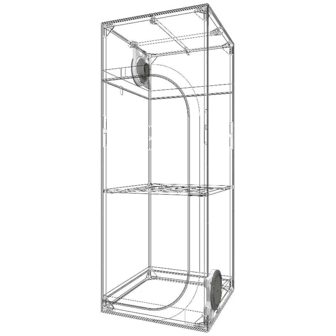 En rektangulær, opbevaringsboks i mørkegrå, slidstærk plast med en mat overflade. Boksens top er flad og har en diskret låsemekanisme. Indvendigt ses en glat, sort inderside uden synlige samlinger. Et firkantet vindue i midten giver adgang til indholdet. Omkring boksen er der en grøn, naturlig baggrund, der tilføjer kontrast.