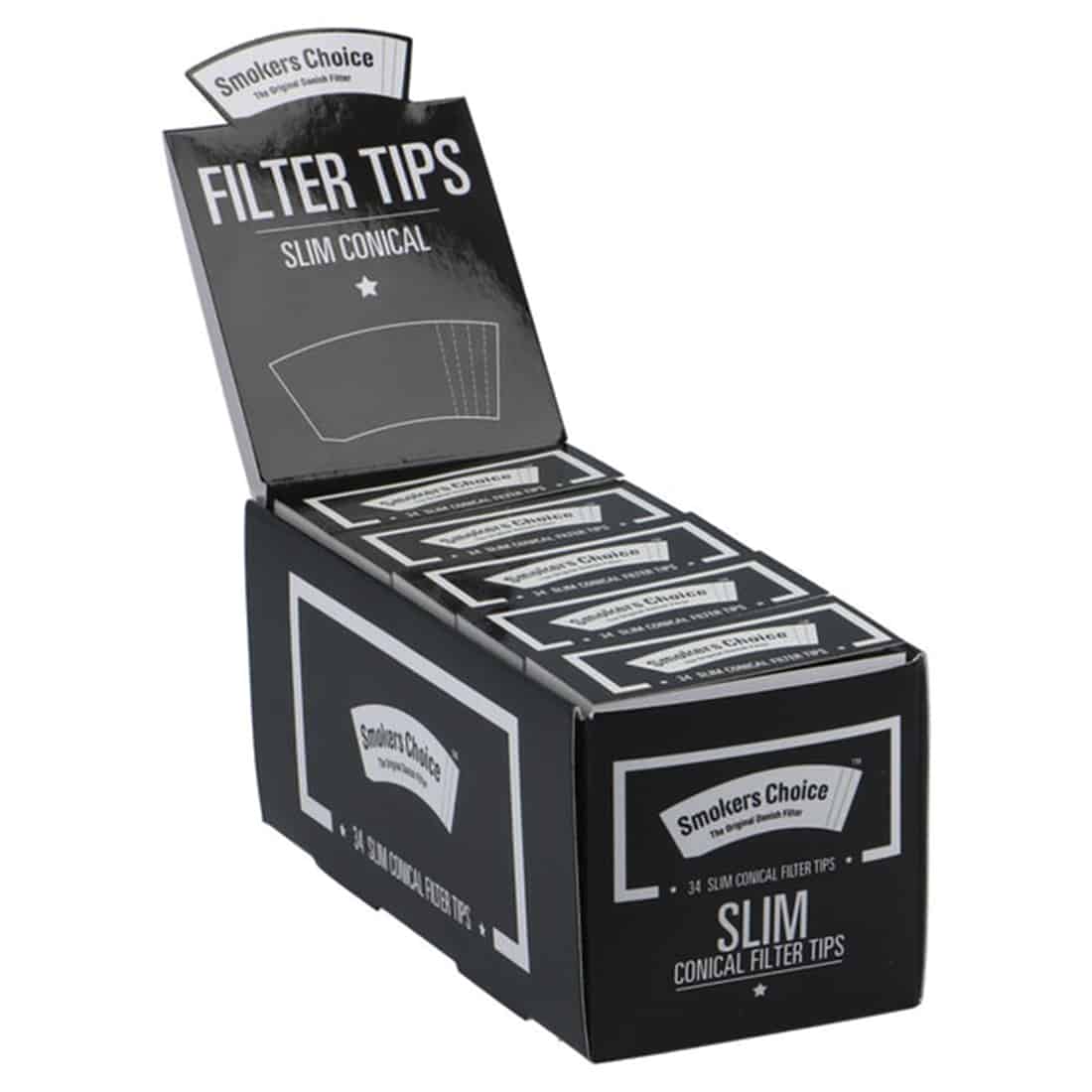 En sort, slank, konisk tobaksrulle med en glat overflade og skarpe kanter. Rullen har en subtil glans og en let struktur, der giver en taktil fornemmelse. Den er prydet med hvid tekst, der angiver produktets navn og specifikationer. Baggrunden er neutral, hvilket fremhæver rullens form og detaljer.