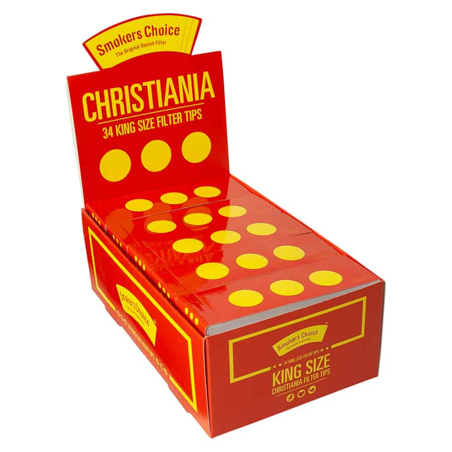 En levende rød æske med Smokers Choice Christiania King Size filterspidser prydet med lyse gule prikker og tekst, ideel til en førsteklasses rygeoplevelse.