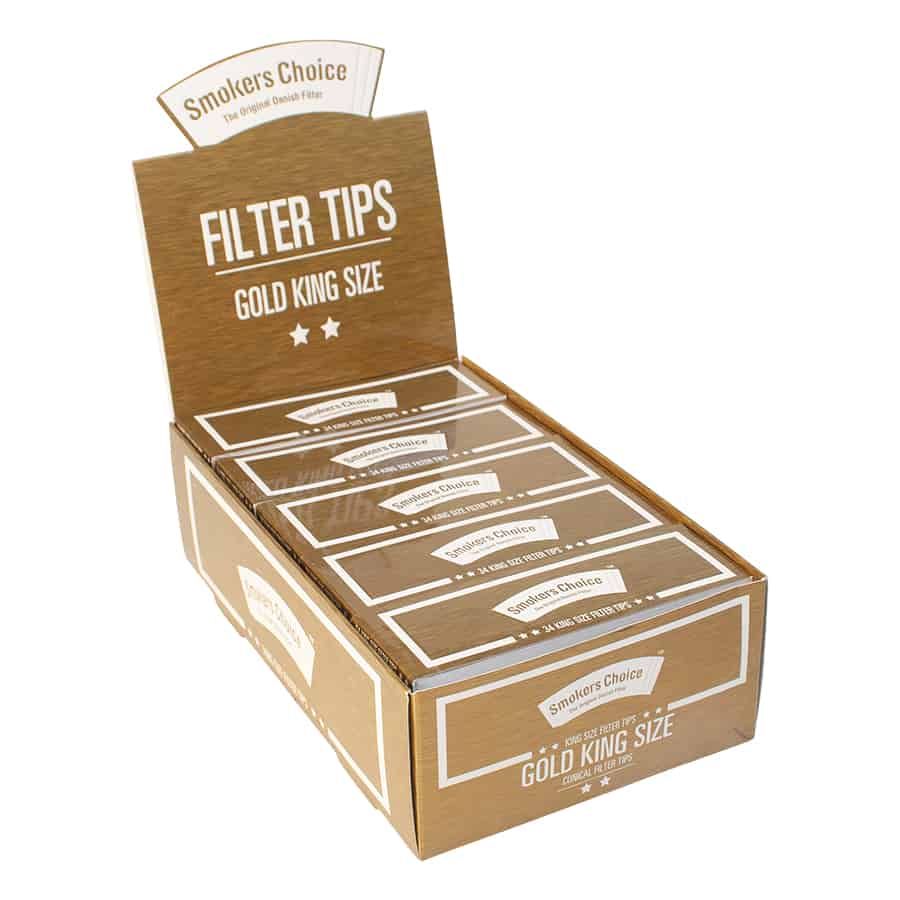 Displayboks med Smokers Choice - Gold King Size filterspidser med seks pakker for en førsteklasses rygeoplevelse.
