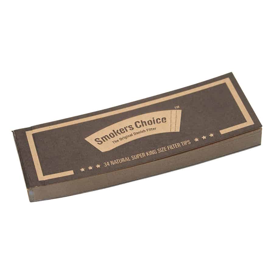 Pakke med "Smokers Choice - Natural Super King Size Filtertips," indeholder 34 super king size filterspidser i klassisk brun og beige design.