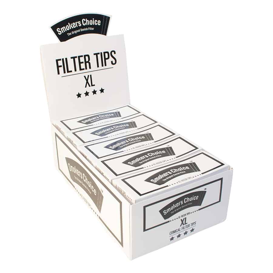 Box of Smokers Choice - Hvide XL filterspidser, elegant fremvist i en åben detailpakke.