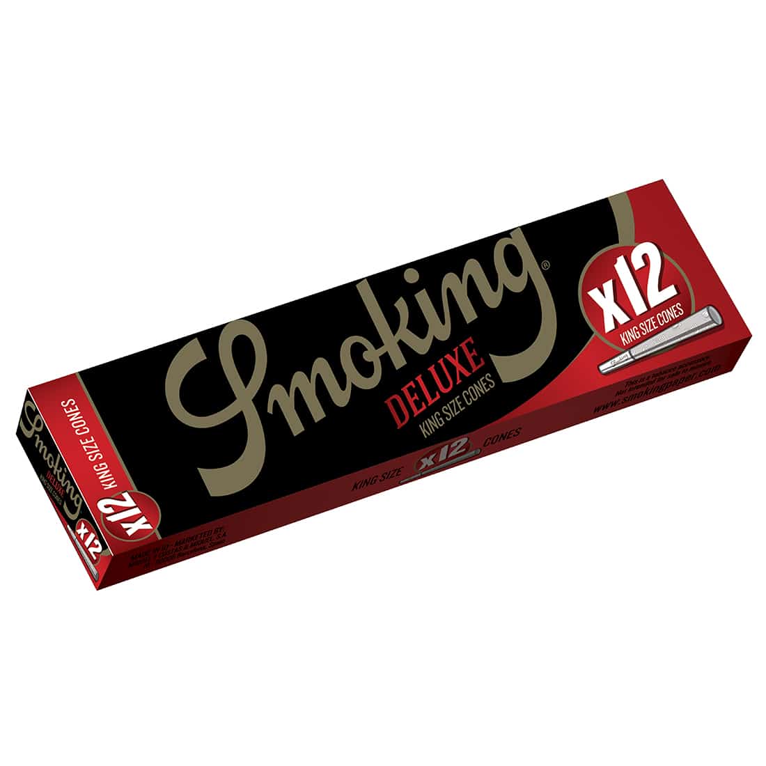 Twelve rørformede cigaretter i en elegant, sort emballage med en mat overflade. Hver cone har en stribet, hvid og guld dekorativ detalje ved toppen, som giver et luksuriøst udtryk. Den sorte baggrund skaber kontrast til de let gennemsigtige rør, der indeholder et fint, hvidt fyld. Emballagen er prydet med minimalistiske, stiliserede symboler og tekst.