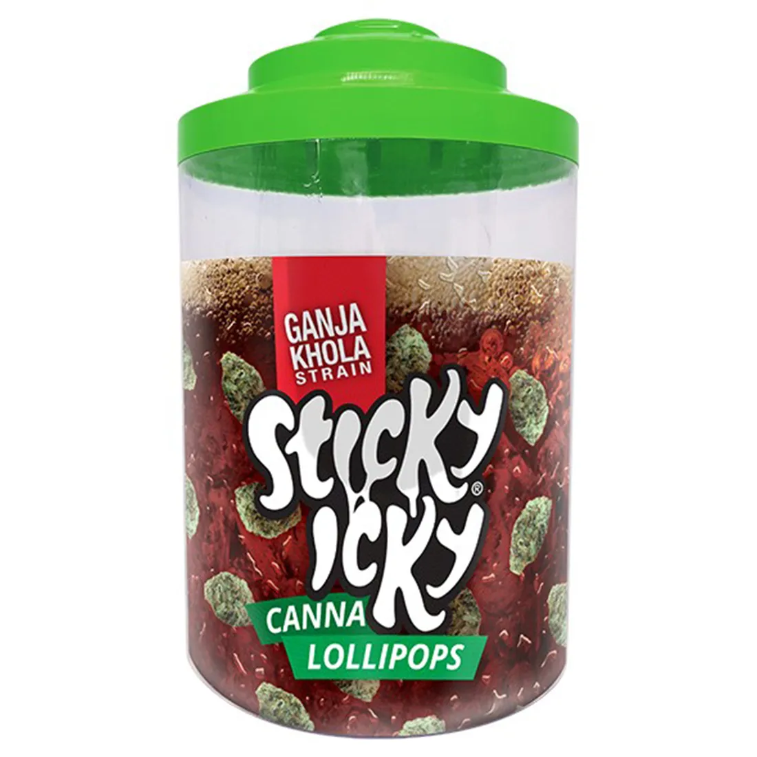 En række farverige slikstænger præsenteres i forskellige nuancer af grøn, rød og gul. Hver stang har en glat overflade med et skinnende finish, der reflekterer lyset. Det karakteristiske mønster ligner cannabisblade, hvilket tilføjer en unik dekoration. Stængernes form er lang og cylindrisk, med en tydelig spids i den ene ende.