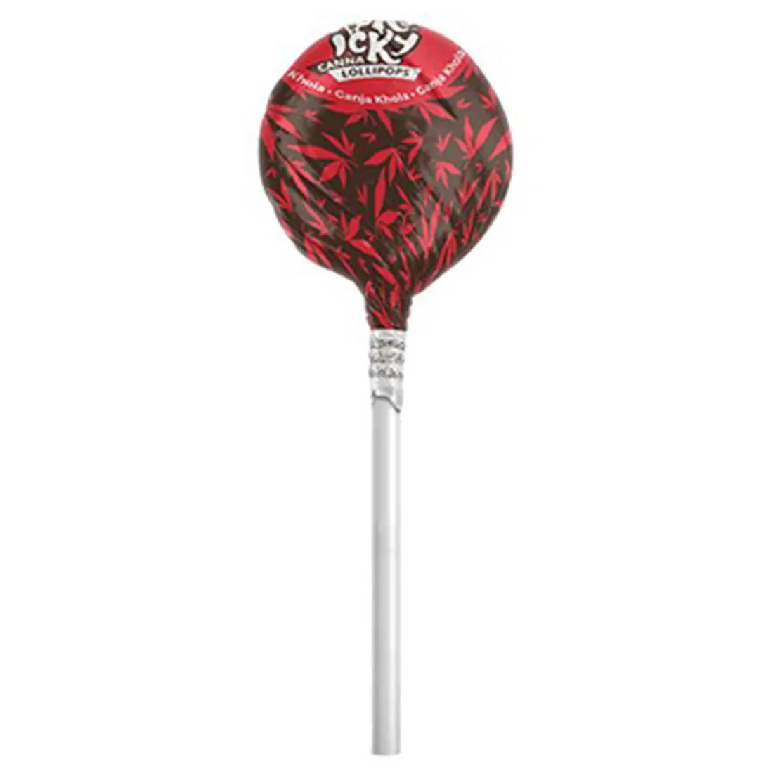 Runde slikstænger prydet med farverige, grafiske mønstre, der inkluderer grønne og gule nuancer, samt cannabisblade. Hver stang har en glat overflade og en blank finish, der reflekterer lys. Slikstænger er bundet sammen med en klar plastikindpakning, der fremhæver de livlige farver og det legende design. Hver lollipop har en tyk, hvid stang.