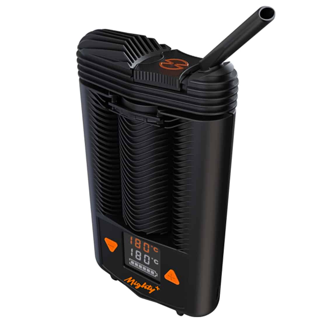 En håndholdt enhed med en mat, sort plastikoverflade pryder fronten, hvor der er en digital skærm med tydelige, hvide tal og symboler. En sølvfarvet knap sidder på toppen, omgivet af en grå cirkulær flade. Enheden har afrundede kanter og en tydelig luftindtag, der er markeret med en lille grillstruktur.