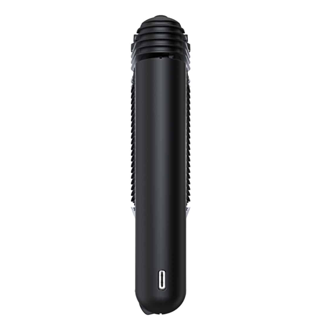 En sort og grå enhed med en kompakt, rektangulær form og afrundede kanter. Fronten har et digitalt display med flere små, synlige tal og symboler. Der er en rund, sort knap på toppen og en ventilationsåbning på siden. Overfladen har en mat tekstur, mens bunden har en glattere finish. Det samlede design er moderne og minimalistisk.