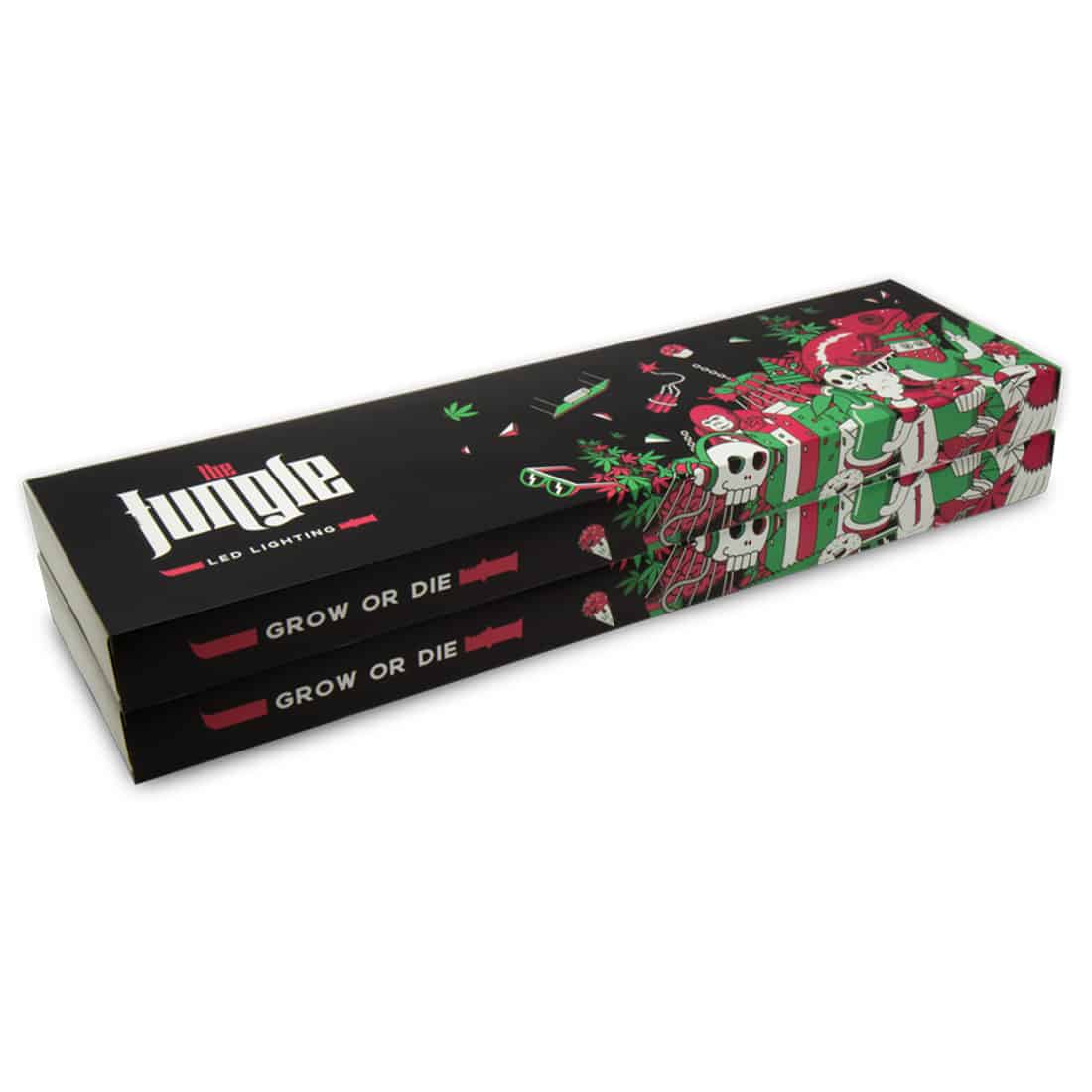 En firkantet LED-lampe pryder en grøn baggrund, der imiterer et tropisk junglemiljø. Lampen har en slank, moderne ramme i hvid plast og en diffusor, der blødt spreder lyset. Dens overflade er glat, mens den grønne baggrund har en struktur af blade og grene i forskellige nuancer af grøn, hvilket skaber et livligt og naturligt udtryk.