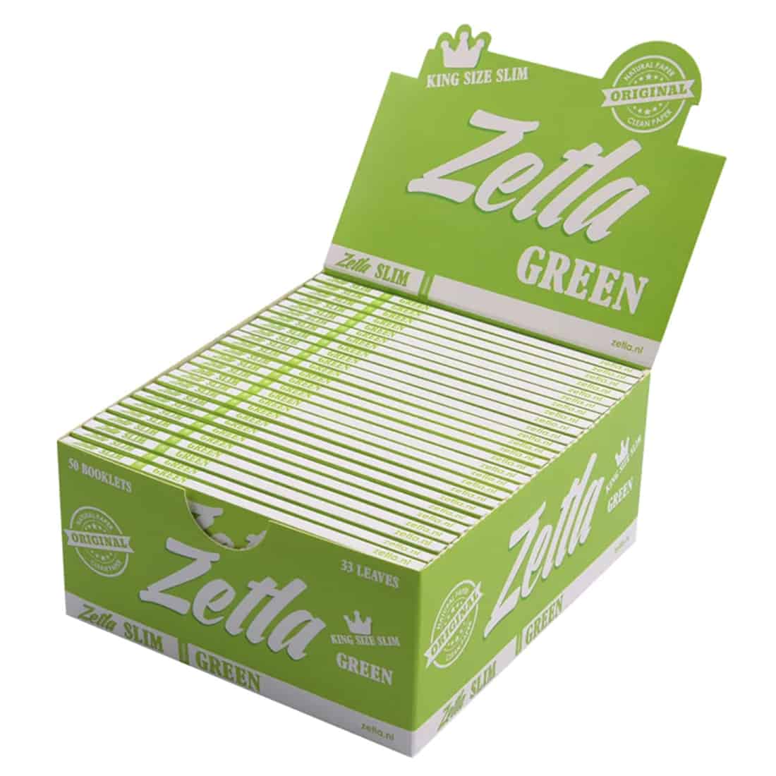 Zetla - Green King Size Slim rullepapir kommer i en levende grøn kasse, der rummer flere hæfter for din bekvemmelighed.