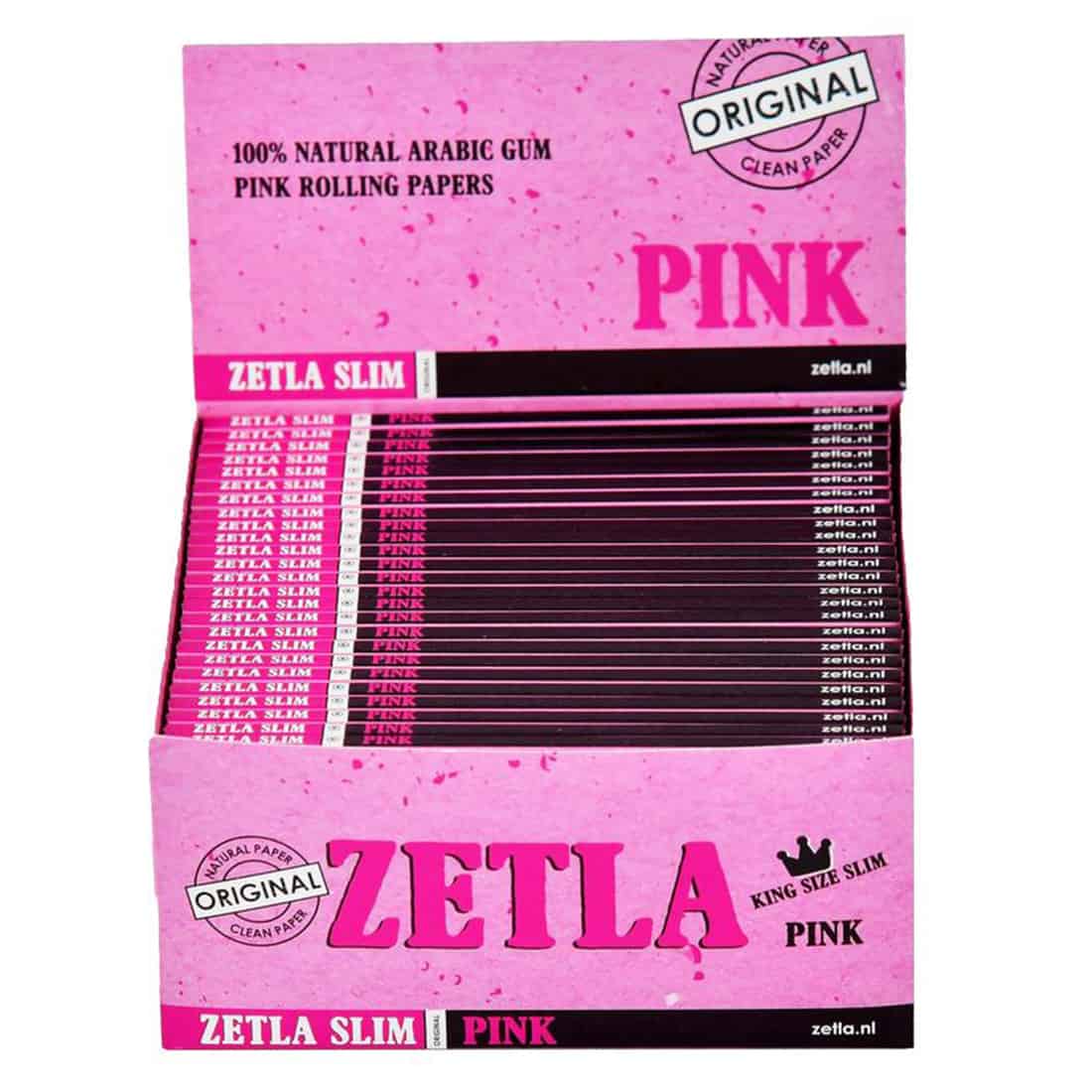 En kasse Zetla - Pink King Size Slim rullepapir står oprejst, med flere pakker i en levende pink farve.