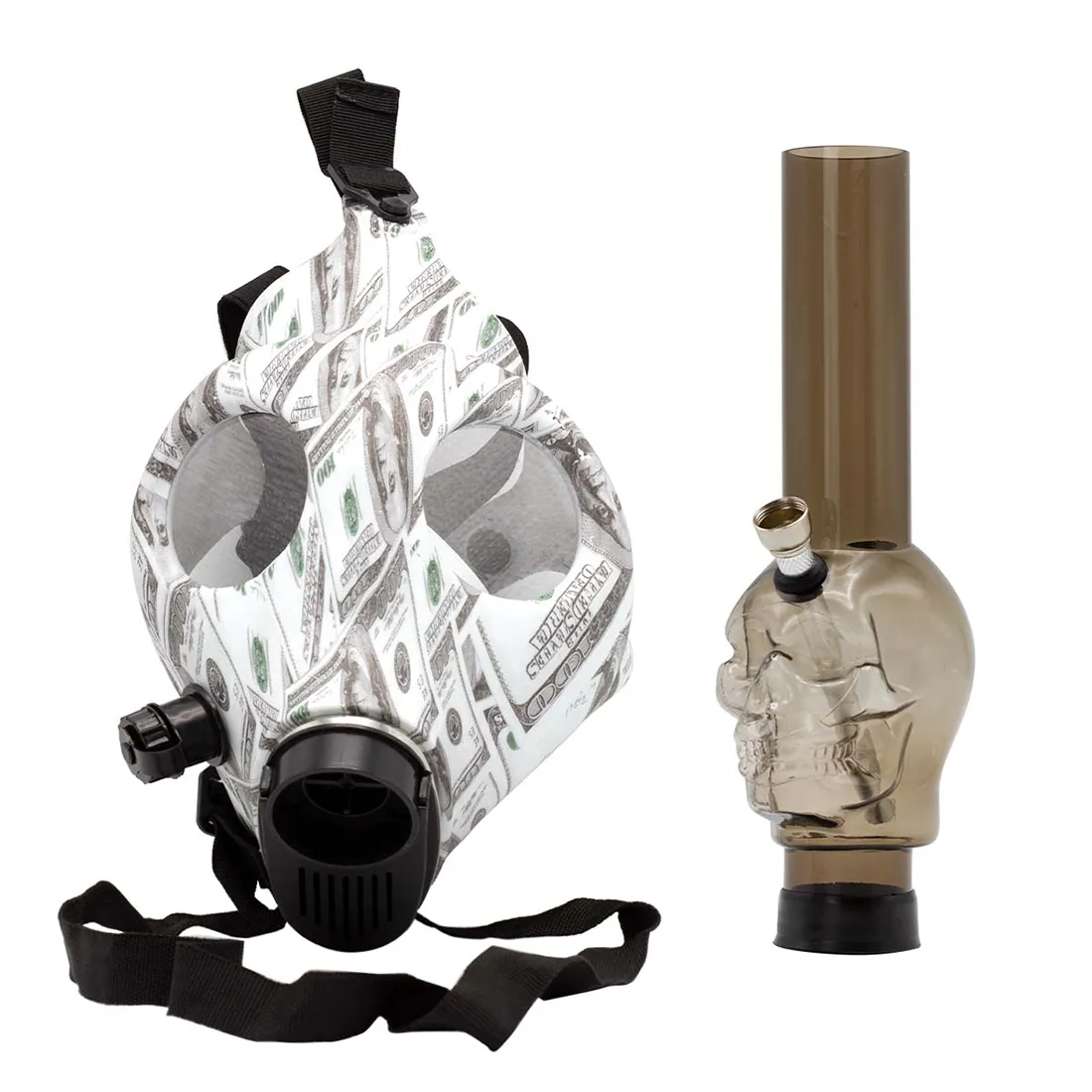 En gasbong med et skulpturelt design i form af et ansigt, fremstillet af klart glas. Ansigtstræk er detaljeret med dybe indhak og forskellige teksturer, der skaber en interessant overflade. Farverne spænder fra klare nuancer til en dyb grøn, hvilket giver dybde. En bred, flad base sikrer stabilitet, mens et smalt rør strækker sig opad.