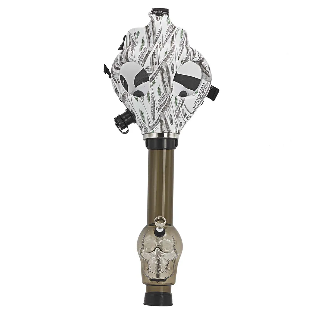 En gasbong prydet med et farverigt Amsterdam-tema. Hoveddelen har en cylindrisk form med en glat, transparent tekstur og nuancer af blå, grøn og rød. På overfladen er der trykt symbolske figurer og mønstre, der repræsenterer byen. Den har en metalrør ved siden af, der stikker ud fra toppen, og en bred bund for stabilitet.