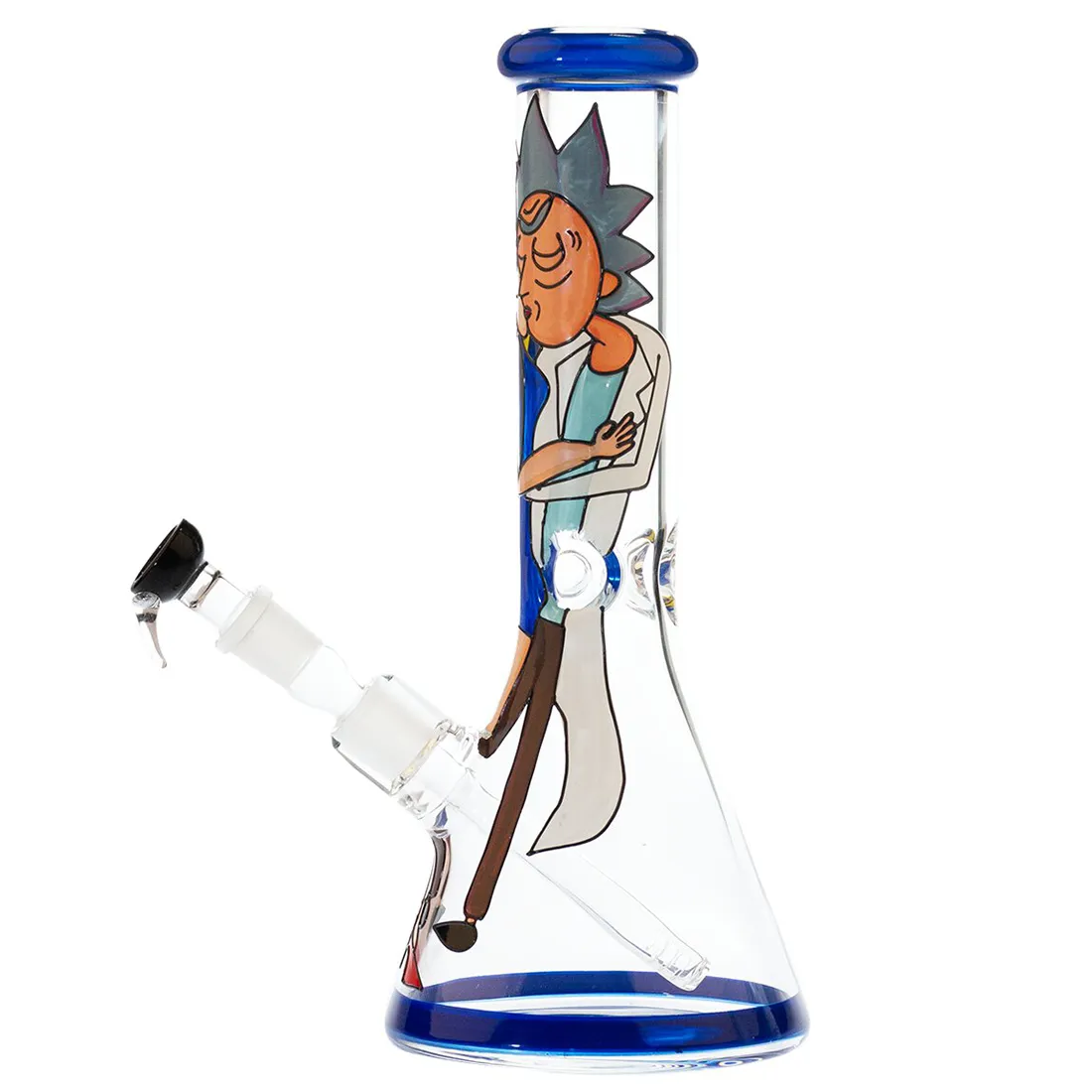 En beaker bong med en højde på 31 cm i klart glas præsenterer en bred, stabil bund med en udvidet midtersektion, der giver en elegant kurve. Den har en slank hals og en krum udløbsrør, der ender i et mundstykke. Bongen er dekoreret med subtile, farvede detaljer og har en nedre perkolator for forbedret filtrering.