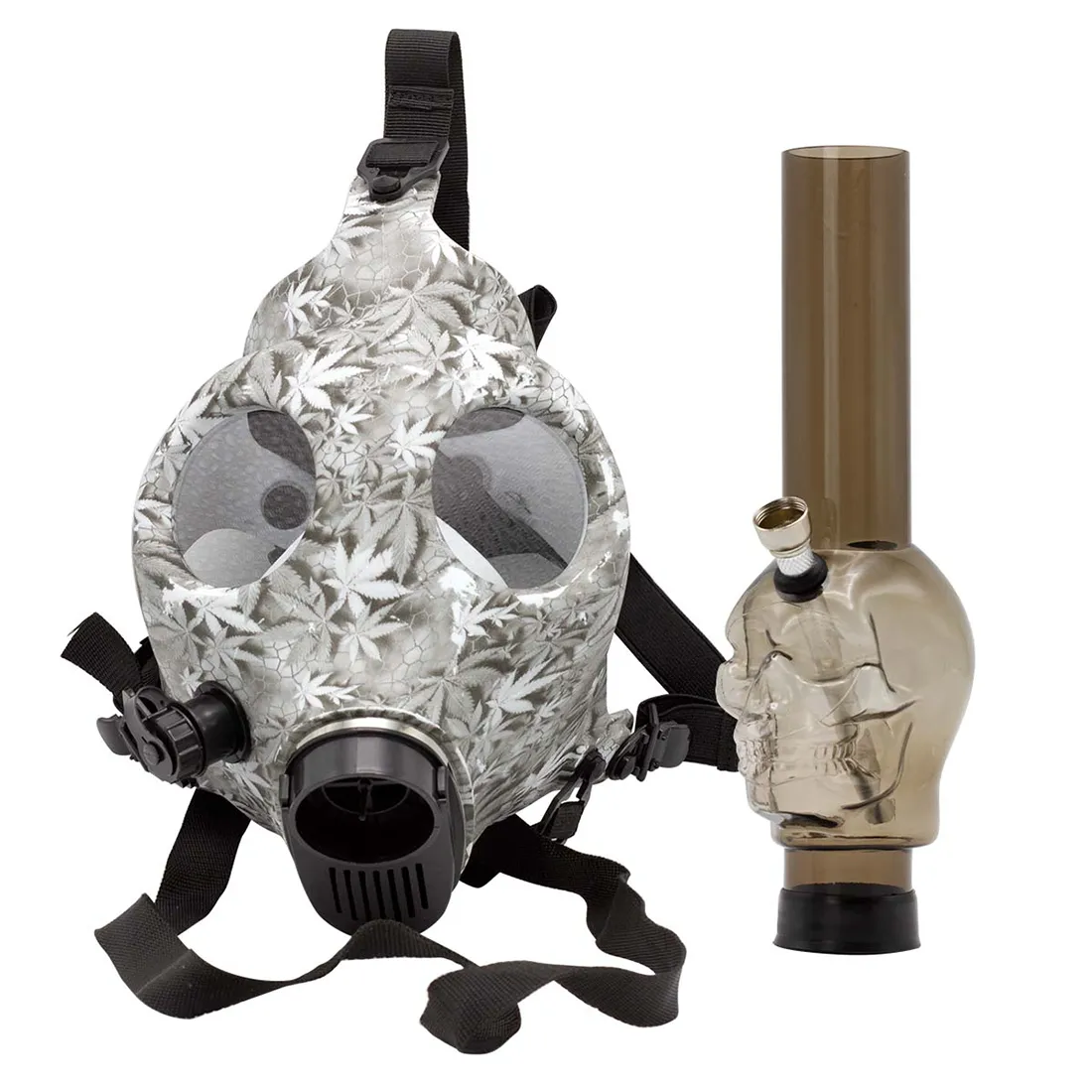 Gasmasken er fremstillet af sort plast med en glat, mat overflade. Den har to store, runde øjenåbninger med gennemsigtige visirer, der dækker ansigtet. En slange i gennemsigtig silikone forbinder masken til en cylindrisk bong, der har en krum form med et mørkt, skinnende udseende. Masken har justerbare stropper for en tæt pasform.