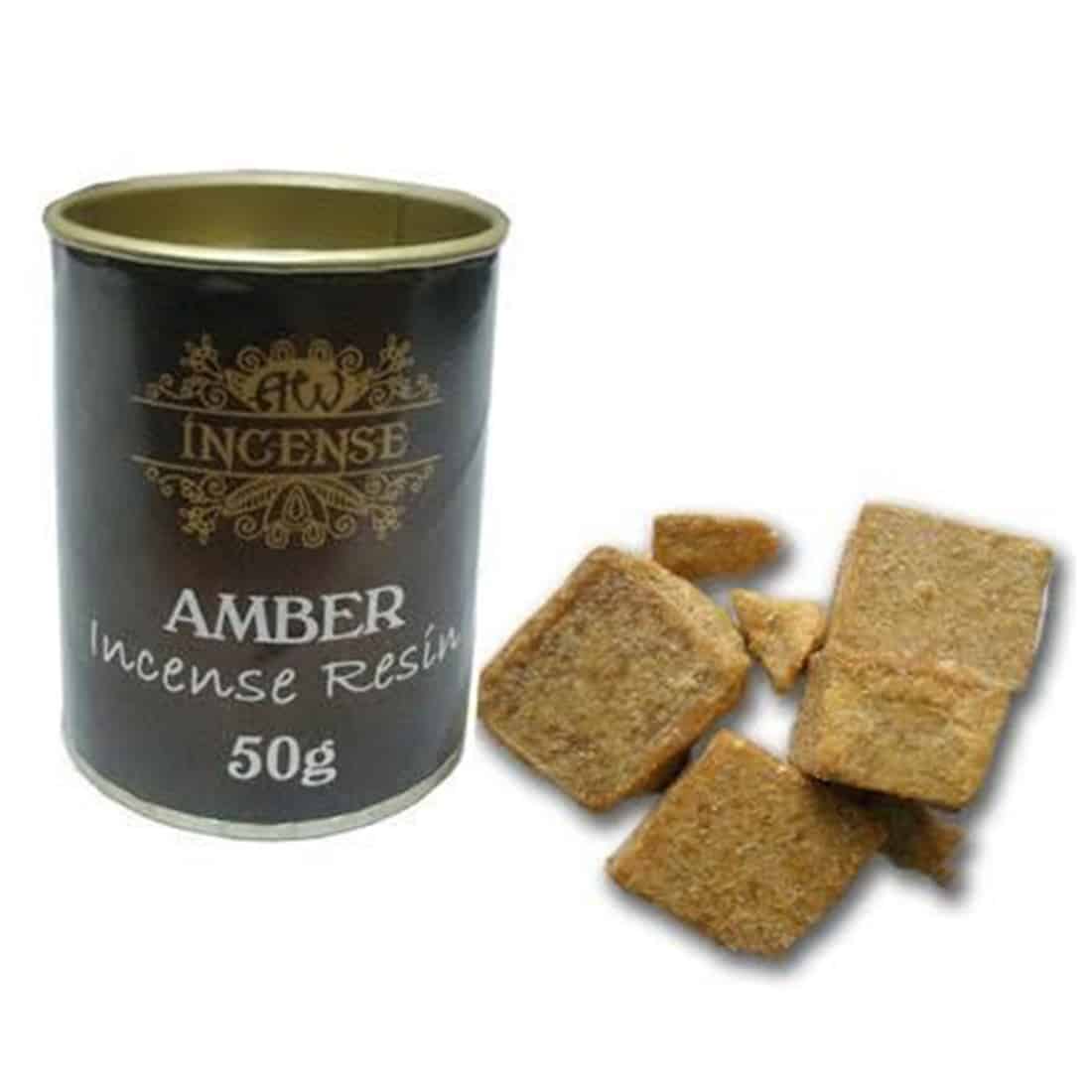 Gulbrun røgelse i form af små stykker resin er spredt jævnt på en hvid overflade. Stykkerne har en ujævn, naturlig tekstur med glinsende overflader og varierede nuancer af amber. Nogle stykker er mere gennemsigtige, mens andre er mere matte. Der er ingen synlige emballager eller tilbehør, hvilket giver fokus på røgelsen selv.