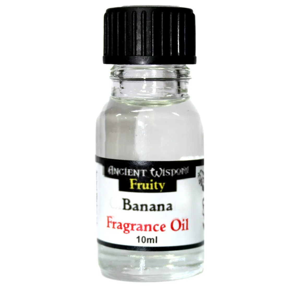 En klar flaske med en cylindrisk form indeholder en gylden væske. Flaskens låg er sølvfarvet og skruelåget har en glat overflade. Etiket på flasken præsenterer en mørk baggrund med hvid og grøn tekst, der beskriver indholdet. En simpel grafik af en banan er til stede, hvilket indikerer duften. Flasken har en kapacitet på 10 ml.