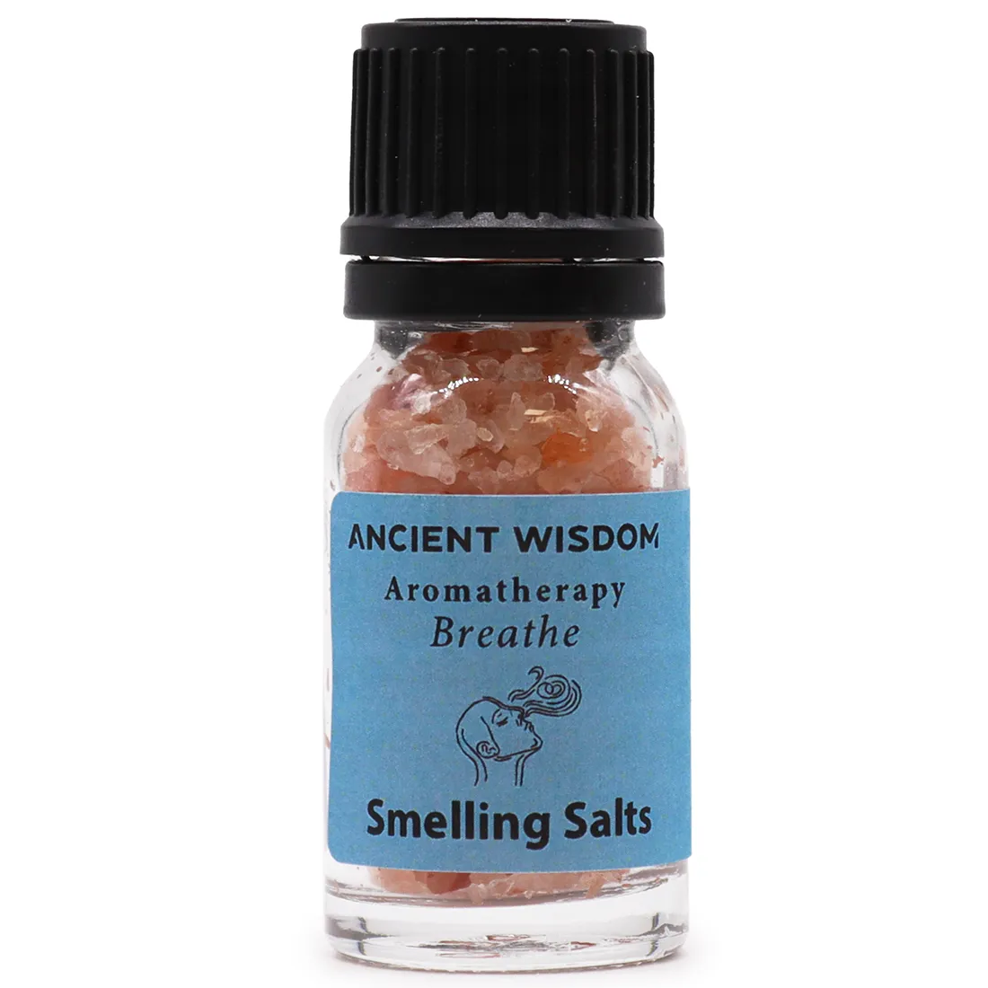 En glasflaske med en rund, slank form indeholder et fint, hvidt salt. Flasken har en skruelåg af rustfrit stål med et børstet metalfinish, der giver en moderne kontrast til den klare glasoverflade. Etiket på flaskens front er enkel, med sort tekst på en hvid baggrund, der angiver produktets navn.