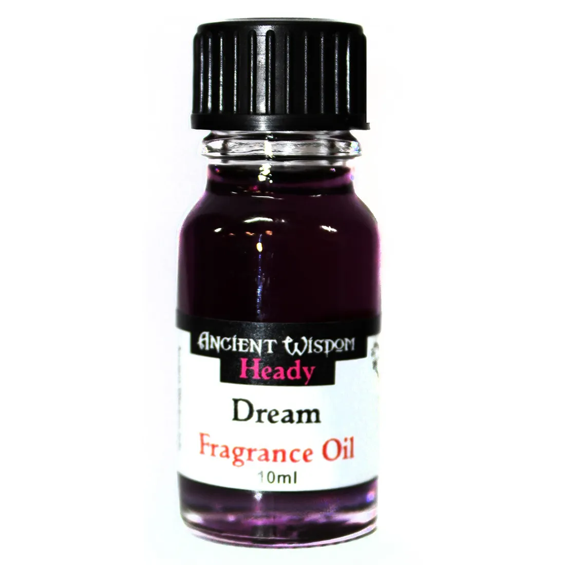 En lille, gennemsigtig flaske med en mørk, skrue-låg i metal. Flasken indeholder en klar, let gullig væske. Etiket på flasken har en enkel, elegant skrifttype med teksten "Ancient Drømme" og oplysninger om duftolien. Baggrunden er lys, hvilket fremhæver flaskens form og indhold. Flaskens størrelse er kompakt, ideel til opbevaring.