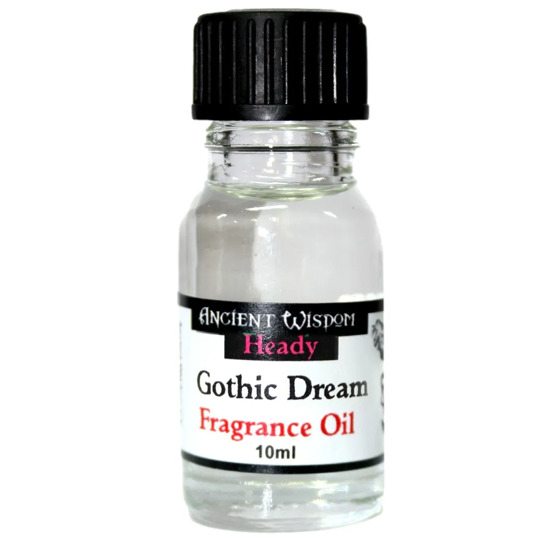 En mørk glasflaske med en gylden metalprop pryder overfladen. Flasken har en slank, cylindrisk form og er dekoreret med et detaljeret, gotisk inspireret mønster i sort og guld. Etiket med tekst i elegante skrifttyper angiver produktets navn og indhold. Flasken er placeret på en lys overflade, hvilket fremhæver dens dybe, rige farve.