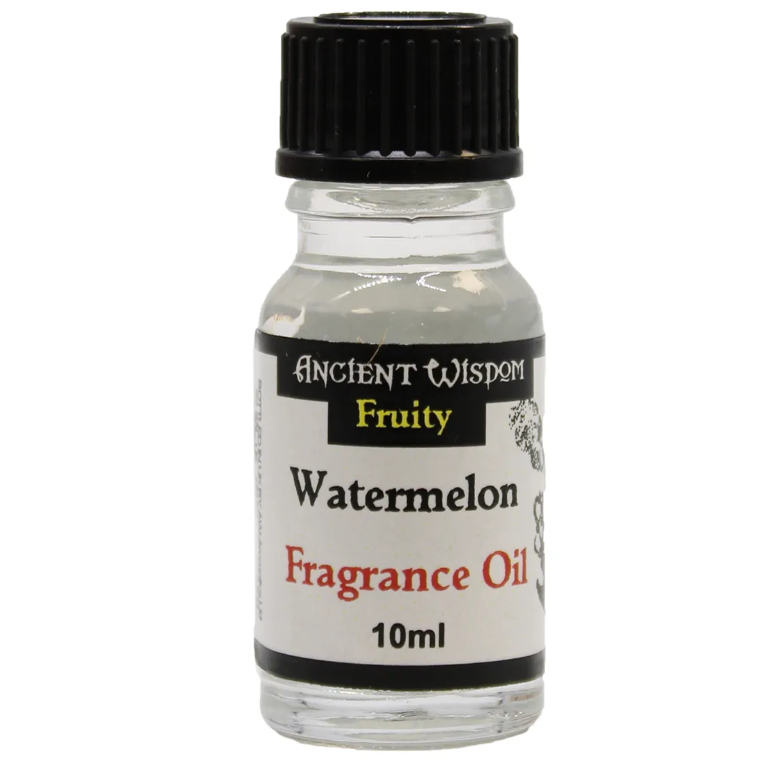 En lille, gennemsigtig flaske i glas rummer en klar væske med en let grønlig nuance. Flasken har en sort, skruelåg, der afsluttes med en dråberør i hvid plastik. Etiket på flasken præsenterer produktnavnet "Ancient Vandmelon Duftolie" med grønne og sorte skrifttyper. Flaskeformen er cylindrisk, og den står på en lys overflade, der fremhæver dens glans.