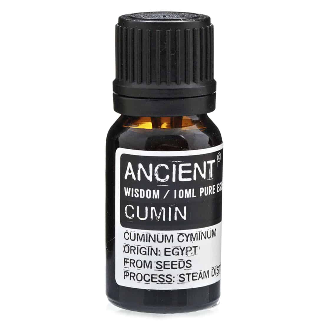 En lille, cylindrisk flaske i klart glas rummer en gyldenbrun væske. Flaskens skruelåg er sort og har en mat finish. Etiketens baggrund er hvid med grønne og sorte skrifttyper, der angiver produktnavn og indhold. Et tydeligt symbol pryder etiketten, mens flaskens form er slank og elegant, hvilket fremhæver indholdets kvalitet og renhed.