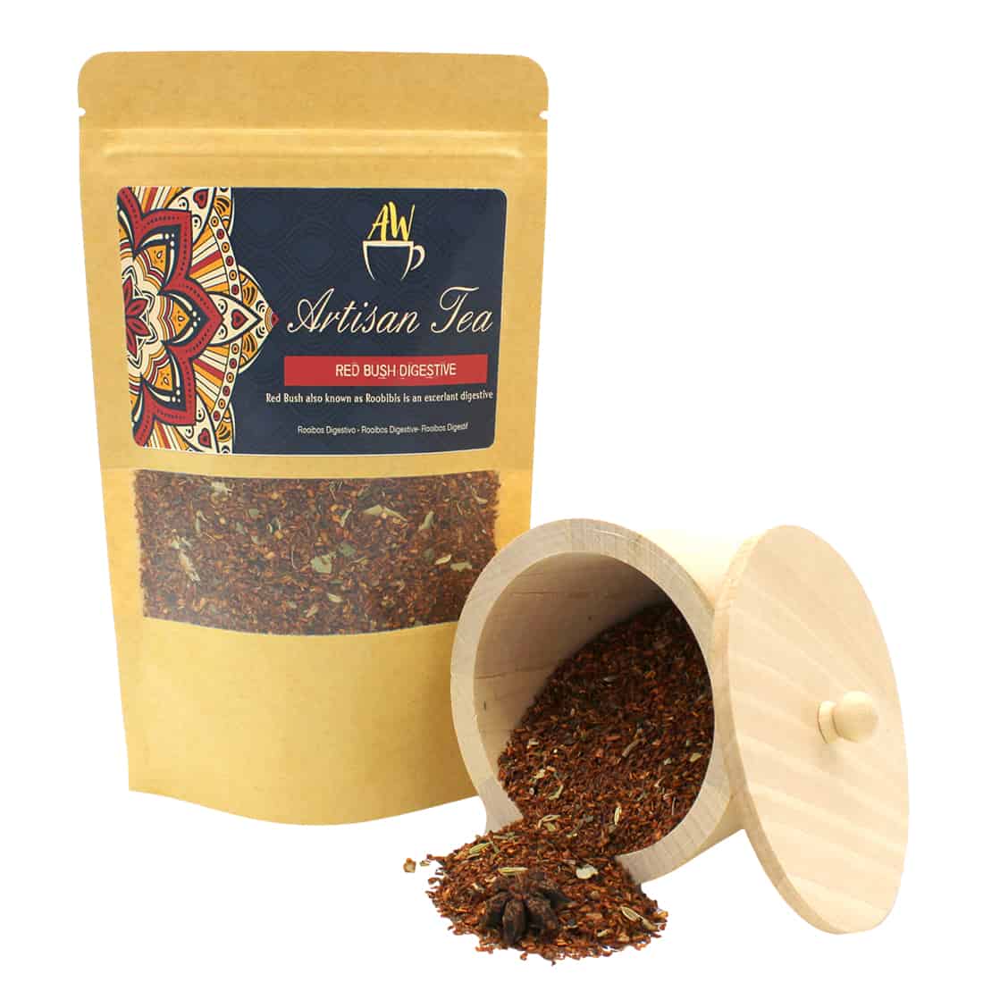 En papirpose med en mat, rød overflade prydes af hvid tekst og grafik, der angiver produktets navn og egenskaber. Baggrunden har en subtil struktur, mens toppen er lukket med en pynteflap. Nederst findes en transparent sektion, der afslører tebrevene indeni, som er pakket i en individuel, farverig indpakning.