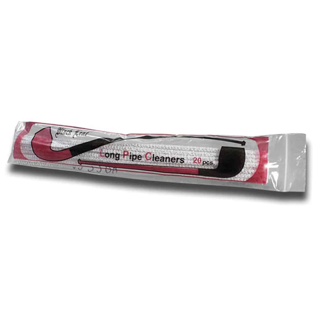 En pakke med 20 lange rørrenser i sort farve. Hver renser har en slank, cylindrisk form med en glat overflade. De er lavet af fleksibelt materiale, der bøjer let. Enderne er skåret lige, og teksturen er ensartet uden synlige mønstre. Pakken er lukket med en transparent plastikfolie, der viser renserne tydeligt.