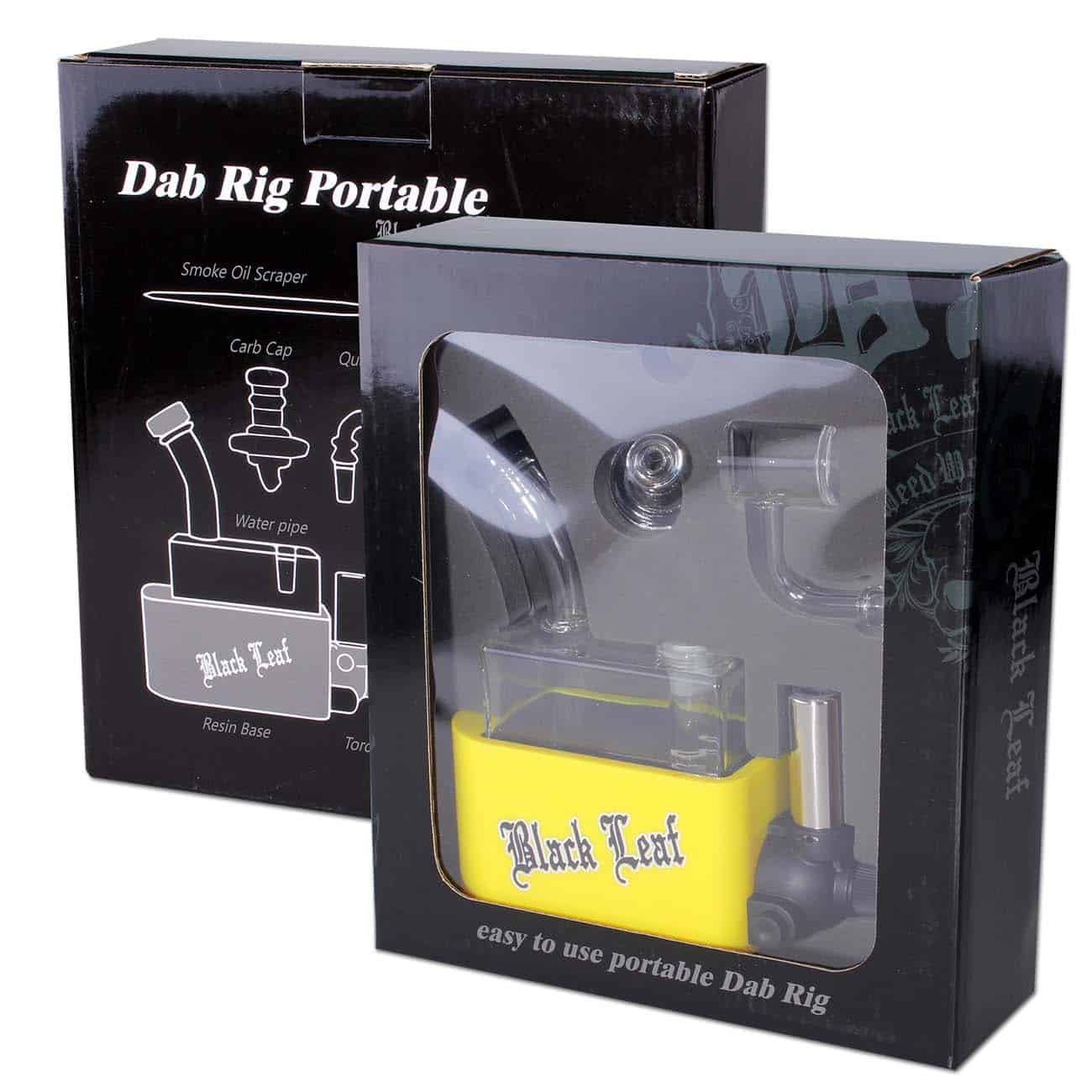 En bærbar dab rig præsenterer sig i en dyb sort farve med en glat og skinnende overflade. Den har en kompakt og strømlinet form, der inkluderer en bøjet hals og en integreret skål. Den tydelige struktur af glas og metal skaber en kontrast, mens en række knapper og et symbol er placeret på siden, hvilket tilføjer funktionelle elementer til designet.