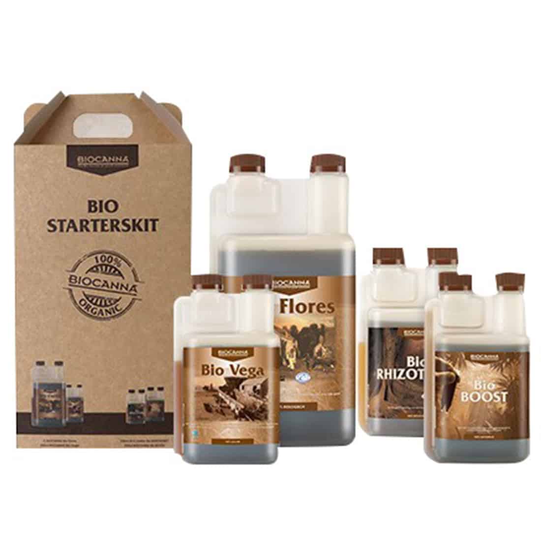 Et sæt bestående af flere små, gennemsigtige plastikkasser med låg, der indeholder jord og frø. Kasserne er arrangeret i en rektangulær formation og har åbninger til ventilation. Farverne spænder fra lys brun jord til grønne frø, mens kasserne har en glat overflade. En enkelt label med tekst angiver produktinformation.