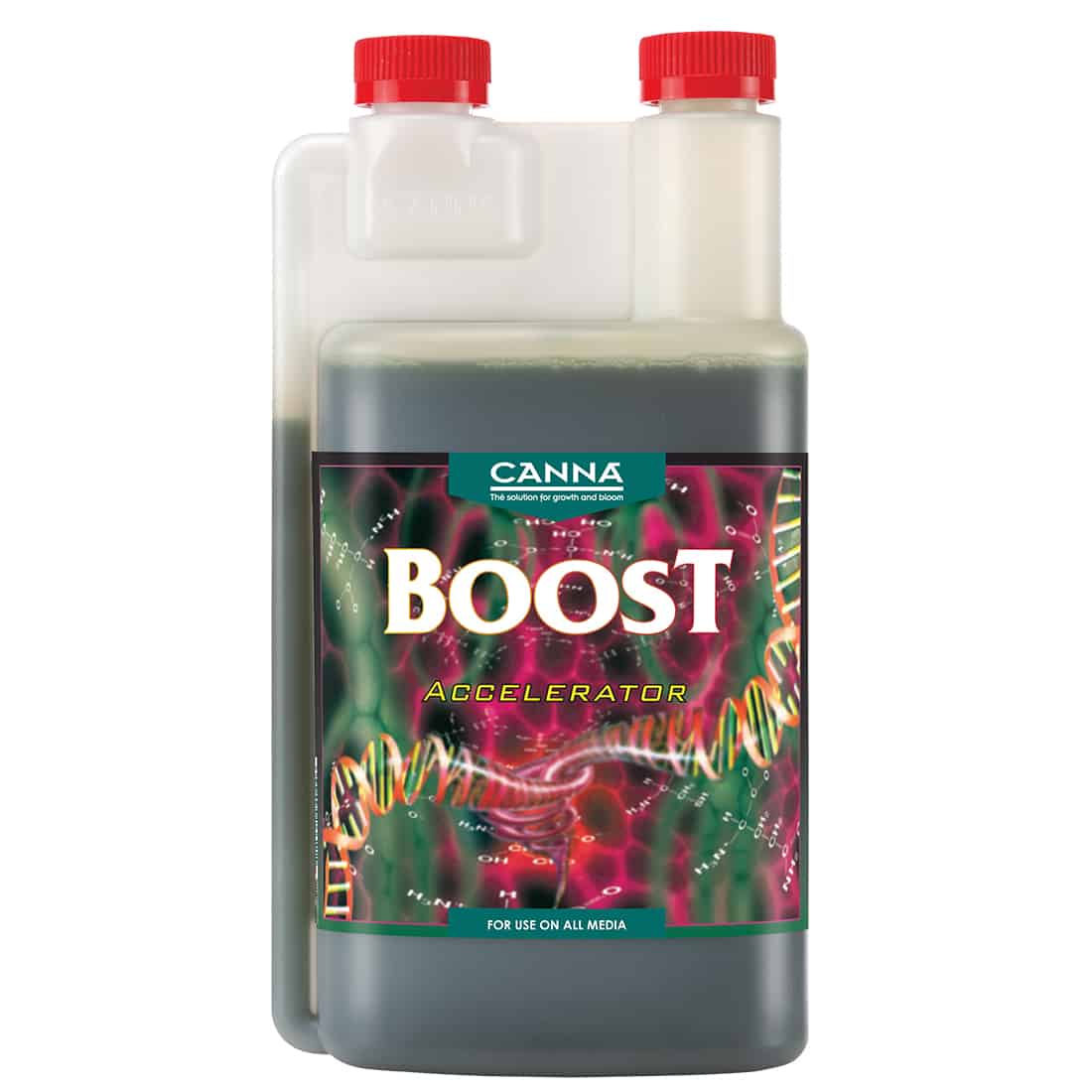 En klar, cylindrisk flaske med et sort låg prydet med en rød og hvid etiket. Etiketdesignet indeholder sort tekst samt grafiske elementer i rød, der fremhæver produktnavnet. Flasken har en glat overflade, og indholdet er gennemsigtigt, hvilket gør det muligt at se væsken indeni. Baggrunden er neutral og fremhæver flaskens farver.