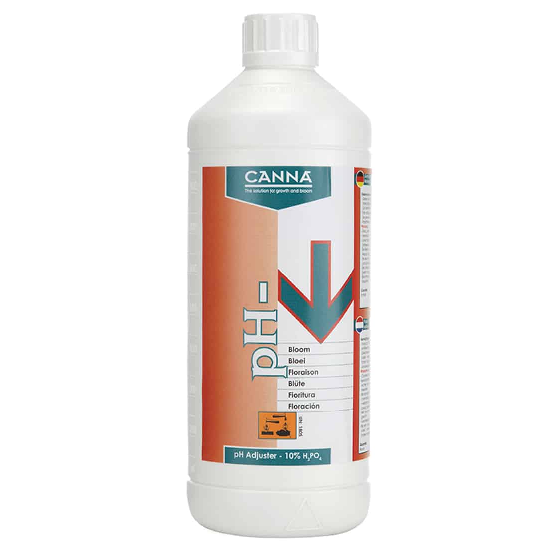 En gennemsigtig flaske med en sort etiket, der prydes af hvid tekst og grønne grafiske elementer. Flasken indeholder en klar væske med let gylden nuancer. Etiketdesignet inkluderer et logo og en detaljeret beskrivelse af produktet. Flaskens top har en sort skruelåg, der sikrer tæthed. Mængden angives som 1 liter.