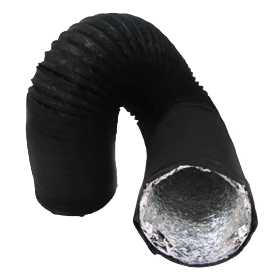 En sort flexslange præsenteres med en glat og fleksibel overflade, der har en let glans. Slangen er cylindrisk og viser en ensartet tykkelse hele vejen rundt. Enderne er åbne og kan være tilsluttet forskellige tilbehør. Overfladen har en let bølget struktur, hvilket giver en dynamisk visuel effekt. Slangen er designet til nem håndtering og opbevaring.