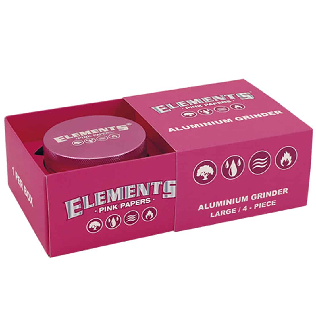 En stor kvadratisk kværn i lyserød farve med en diameter på 65 mm. Kværnen har en glat overflade med en let skinnende finish, der fremhæver den bløde pastelfarve. Den er opdelt i to sektioner, der lukkes med en skrue, og har små perforeringer til at sikre ensartet kværning. Knapperne har en enkel, funktionel form.