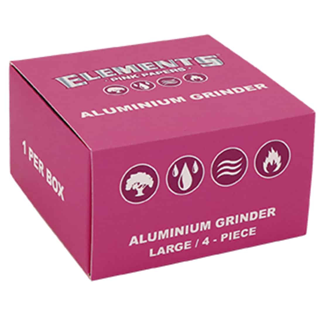 En stor kvadratisk kværn med en rosa overflade, dækket af en glat, mat finish. Kværnen har en tre-delt konstruktion og en skarp tandstruktur indvendigt, der er designet til at kværne urter effektivt. Låget har en skridsikker kant, og der er små huller til at udlede det kværnede materiale. Farven er ensartet, med en let glans.