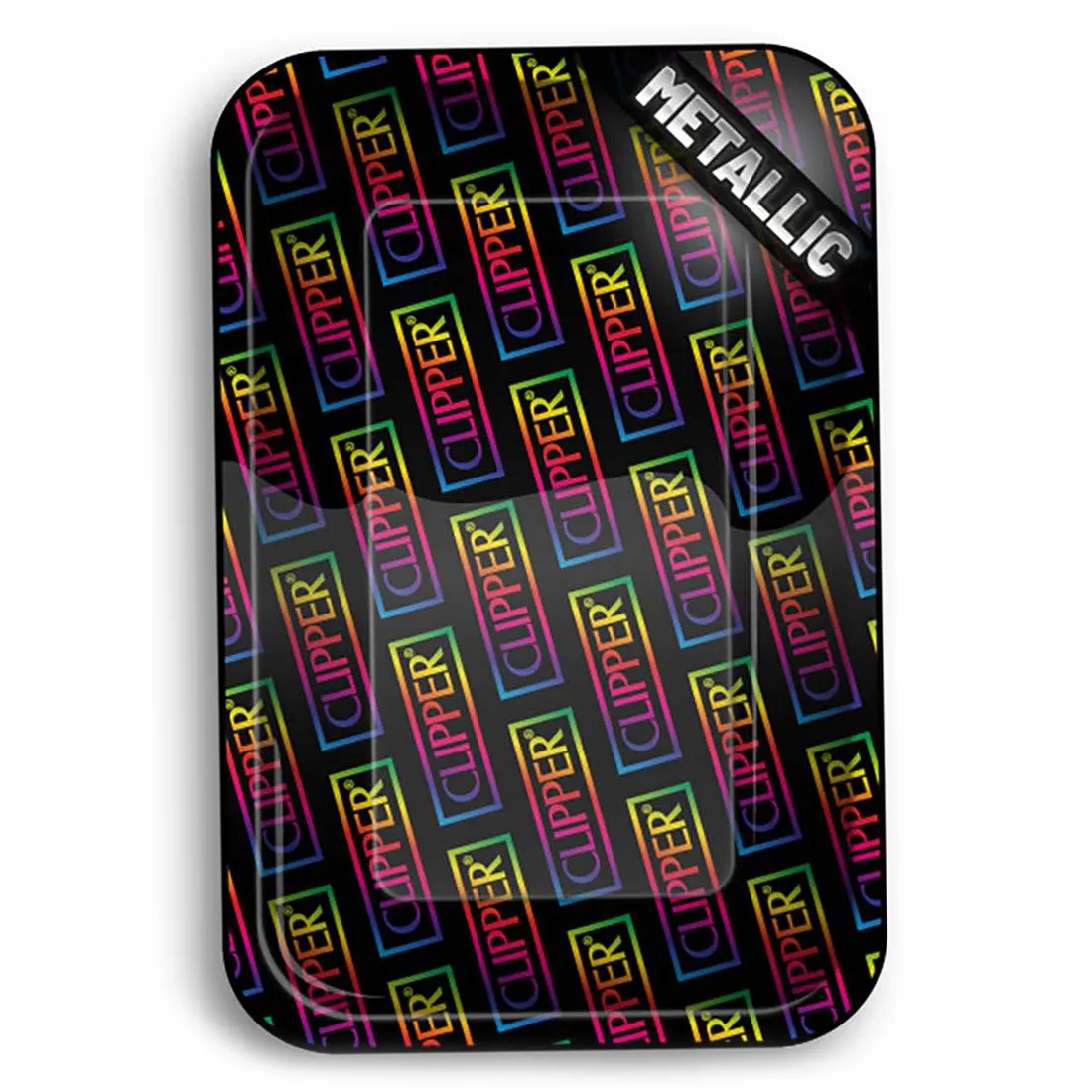 Et rektangulært rullebræt præsenteres med en farverig regnbuegradient, der strækker sig fra rød til violet. Overfladen har en glat, skinnende tekstur, og kanten er let opadbuet. Mønstret inkluderer små, stiliserede planter og klipper i forskellige nuancer. Dimensionerne er 275 x 175 mm, hvilket giver en praktisk størrelse til brug.