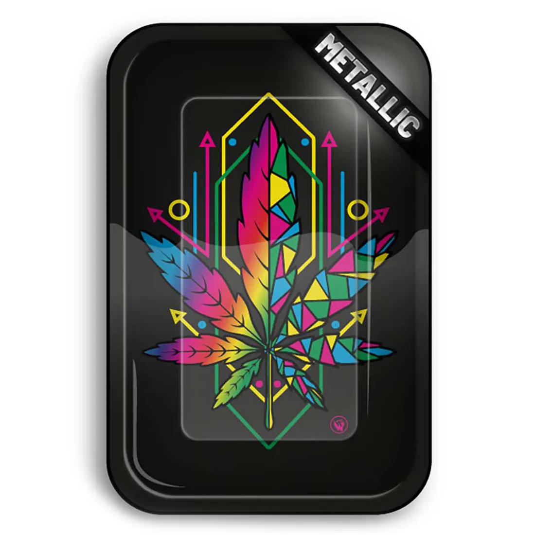 En rektangulær bakke med afrundede hjørner prydes af et farverigt mønster af stiliserede grønne blade mod en mørk baggrund. Overfladen har en glat, skinnende finish, der fremhæver farvernes dybde. Bakken måler 275 x 175 mm og har en let hævet kant, der sikrer, at indholdet forbliver på plads.